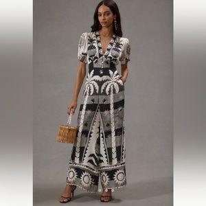 NWT Farm Rio Puff Sleeve Linen Jumpsuit